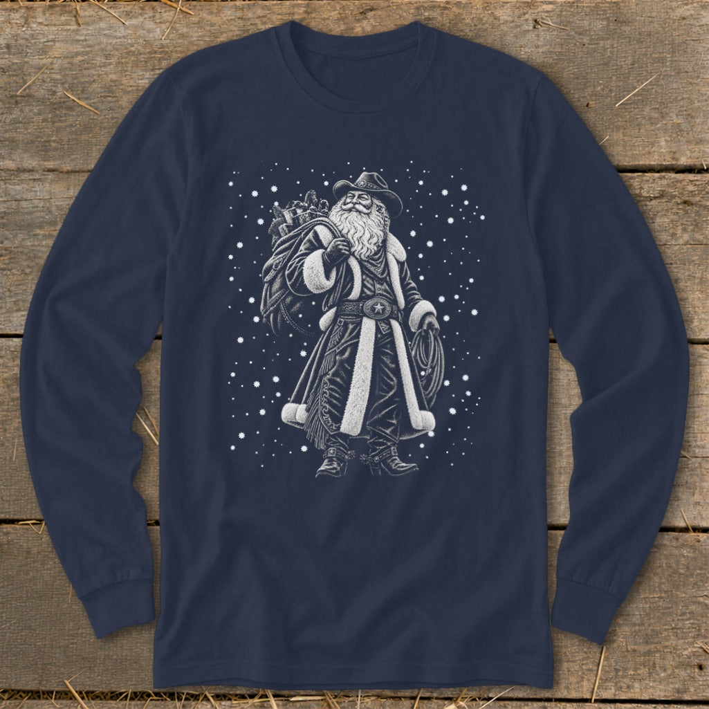 Cowboy Santa with sack of gifts and lasso on navy long-sleeve shirt.