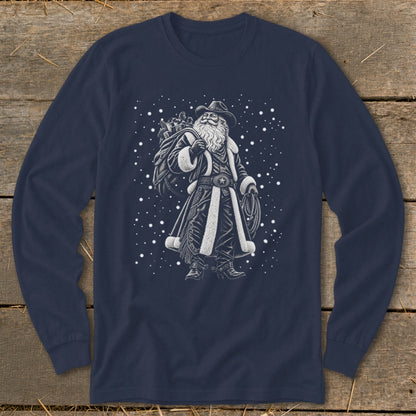 Cowboy Santa with sack of gifts and lasso on navy long-sleeve shirt.