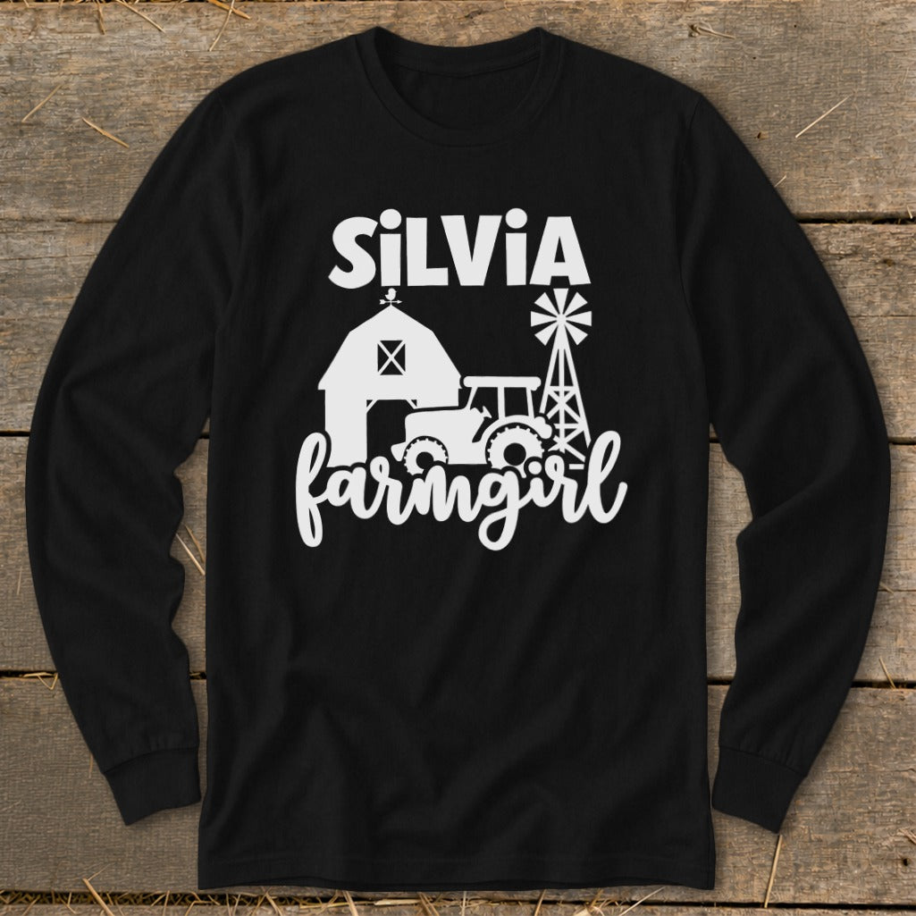 Black long sleeve shirt with "SILVIA farmingirl" and farm graphics in white.