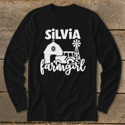 Black long sleeve shirt with "SILVIA farmingirl" and farm graphics in white.