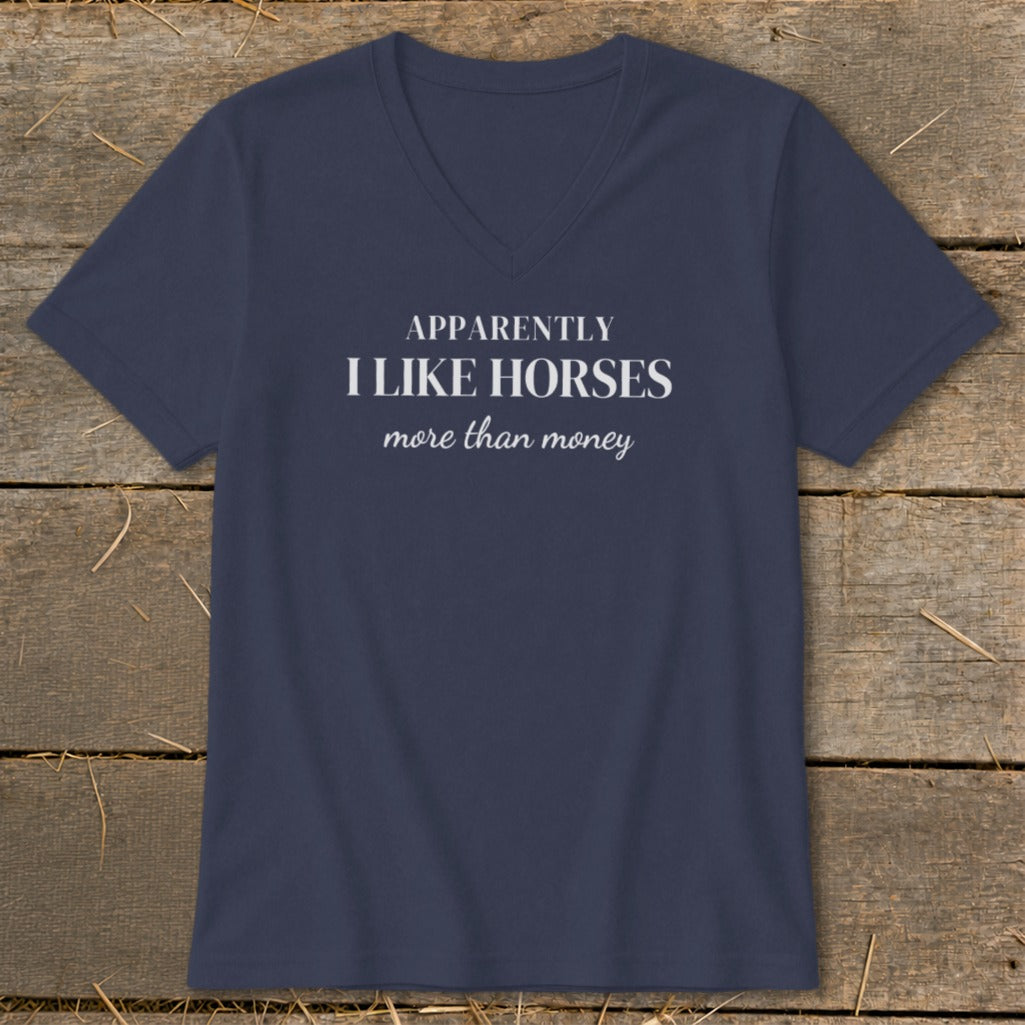 Navy v-neck t-shirt with "Apparently I Like Horses More Than Money" text.