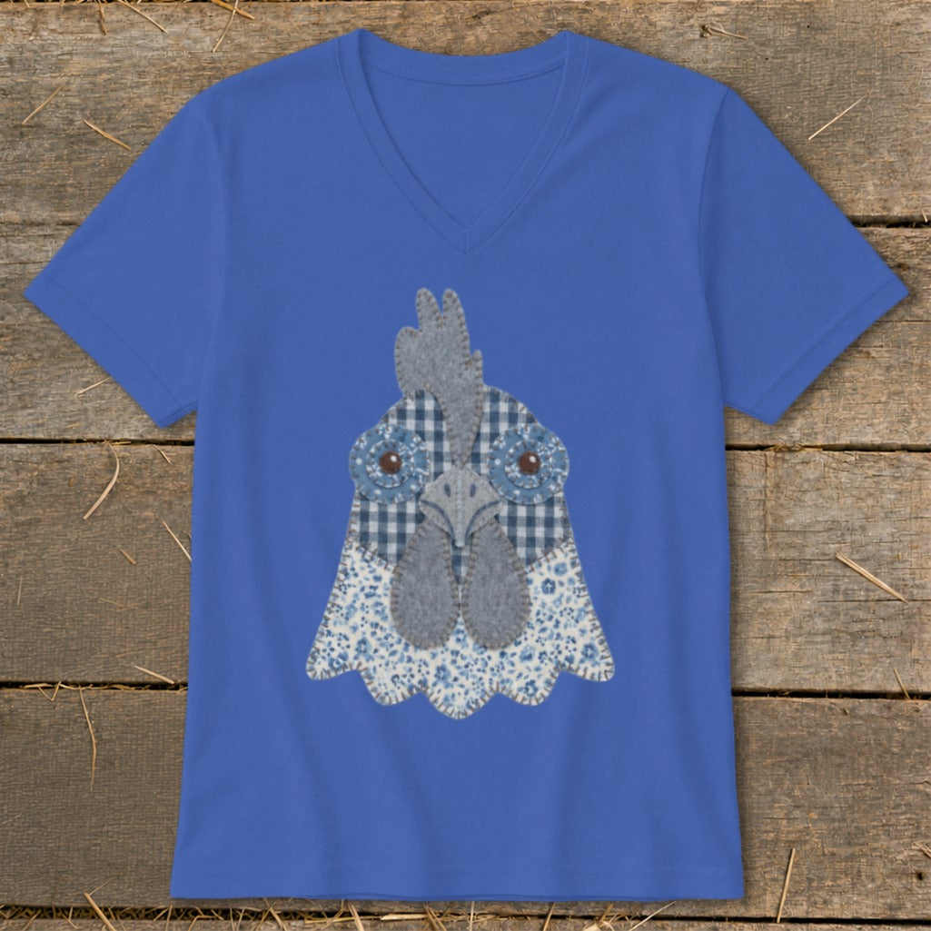 Blue V-neck t-shirt with a fabric applique of a blue and white chicken head.