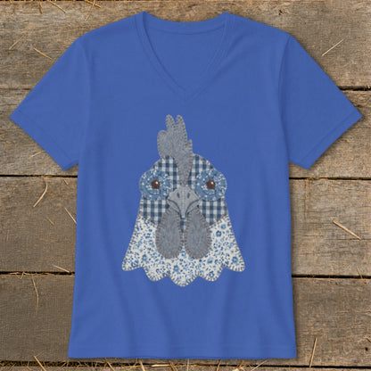Blue V-neck t-shirt with a fabric applique of a blue and white chicken head.