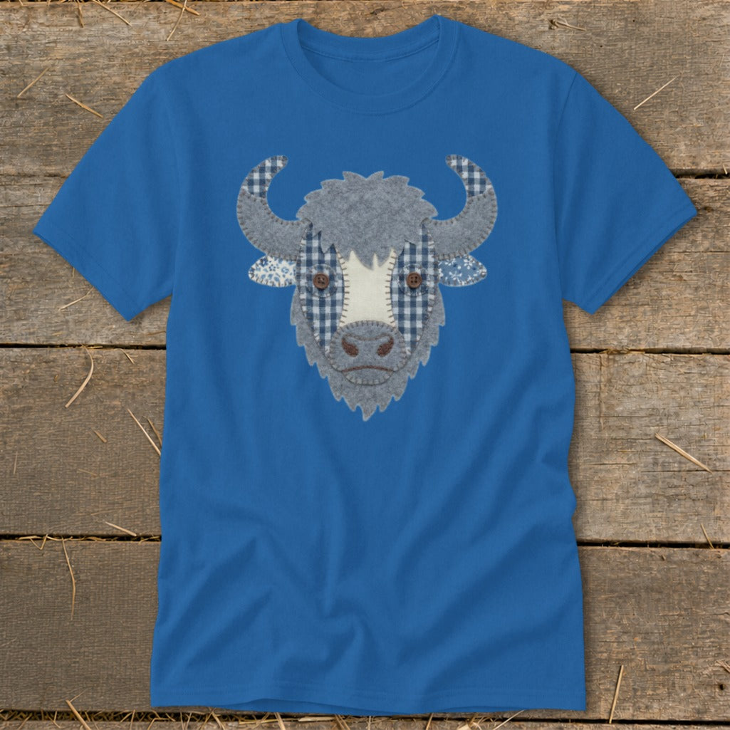 Blue t-shirt with a patchwork yak face graphic.