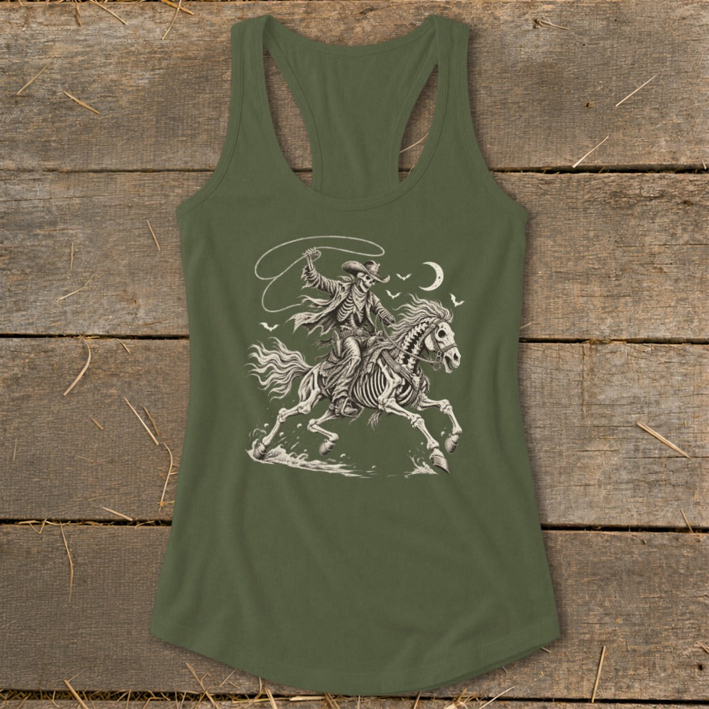 Skeleton cowboy on horseback with lasso under a crescent moon and birds.