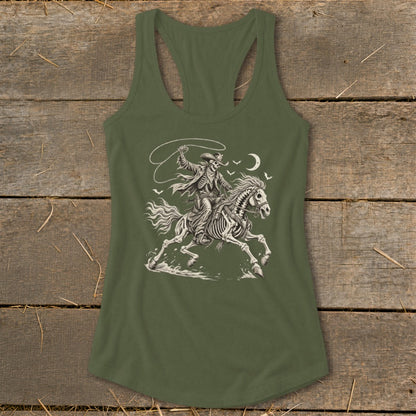 Skeleton cowboy on horseback with lasso under a crescent moon and birds.