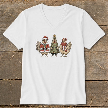 Rooster in Santa suit, Christmas tree, and hen with gift on white t-shirt.