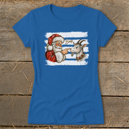Santa booping a goat's nose with the word "Boop" above.