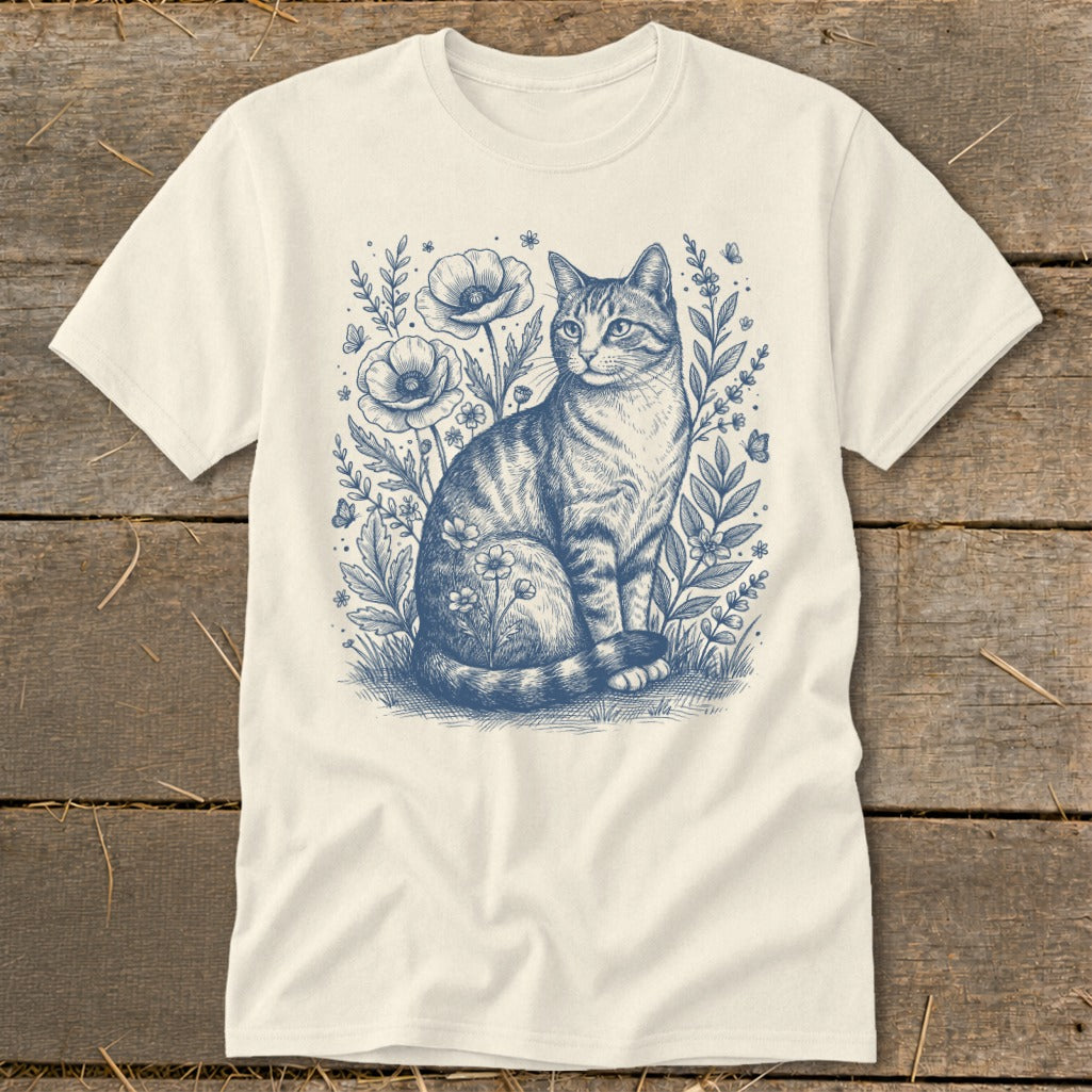 Cream t-shirt with a blue sketch of a tabby cat among flowers and butterflies.