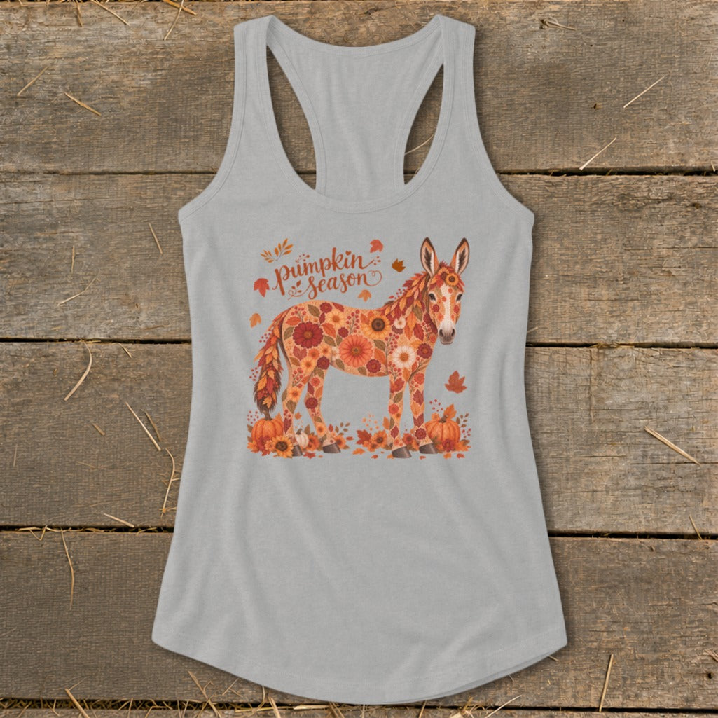 Light gray tank top with a floral donkey and "Pumpkin Season" text.