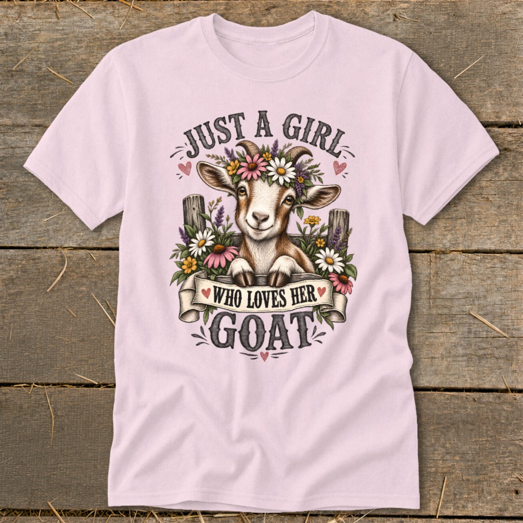 Pink t-shirt with a goat wearing flowers and text "Just a girl who loves her goat".