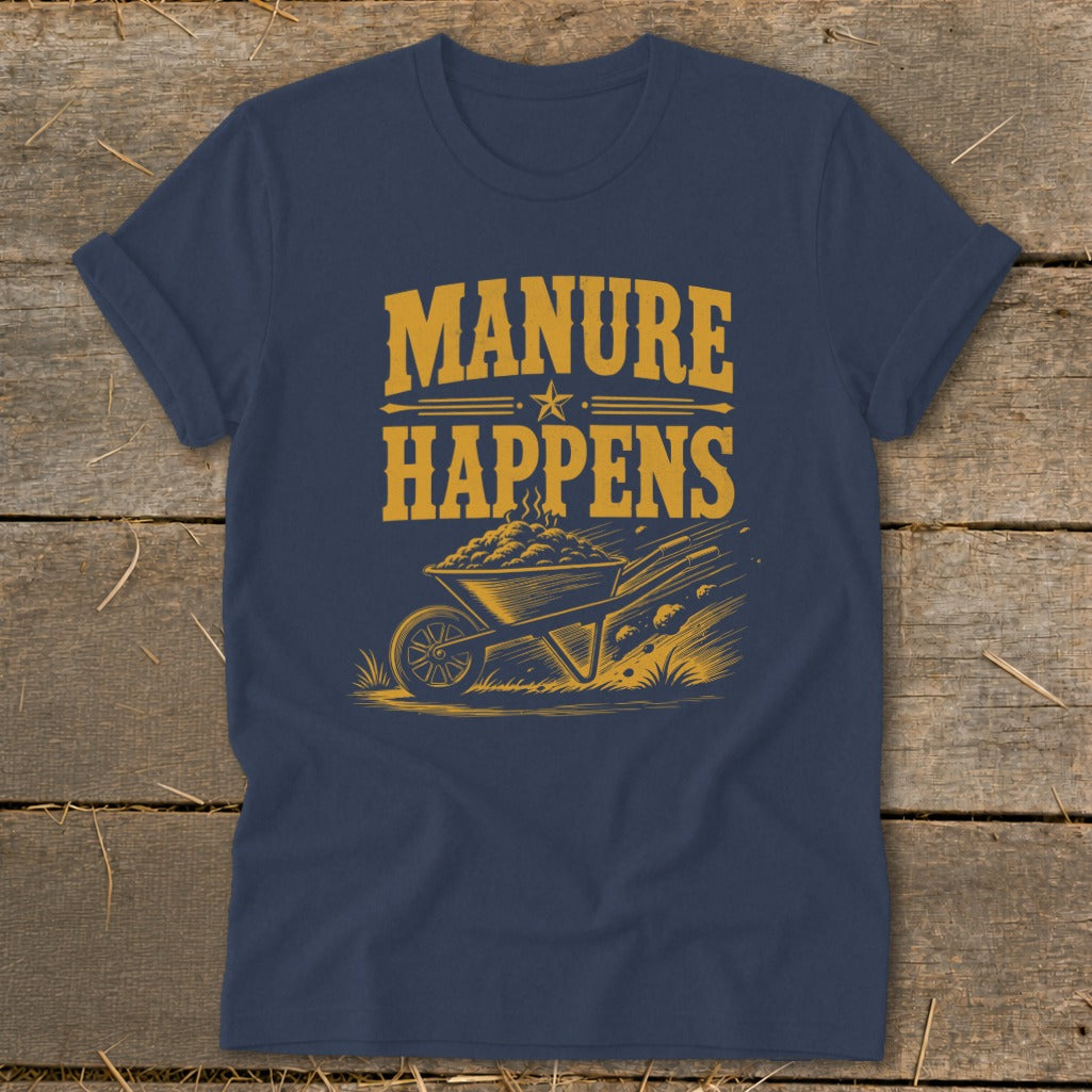 Navy t-shirt with "MANURE HAPPENS" text and a wheelbarrow full of manure.