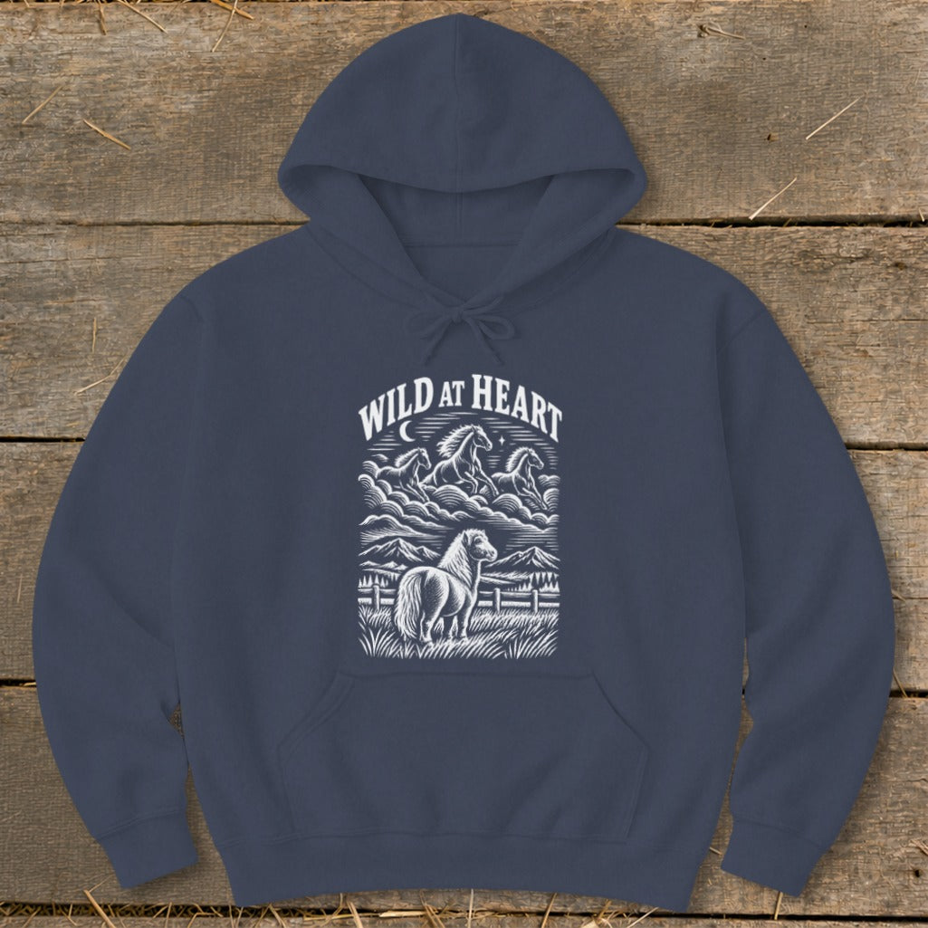 Navy blue hoodie with "Wild at Heart" graphic featuring horses and a lone pony.