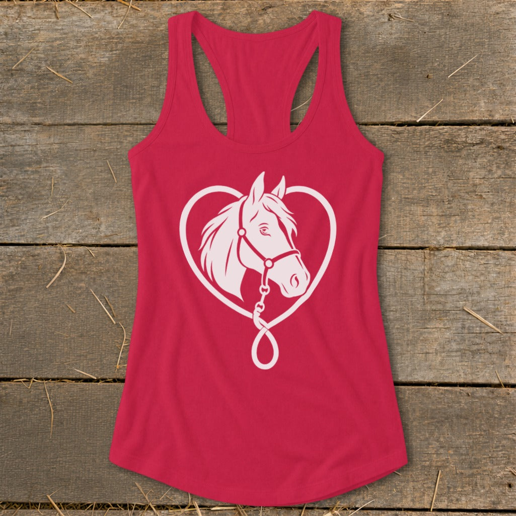 A red women's racerback tank top featuring a white graphic of a horse's head inside a heart.