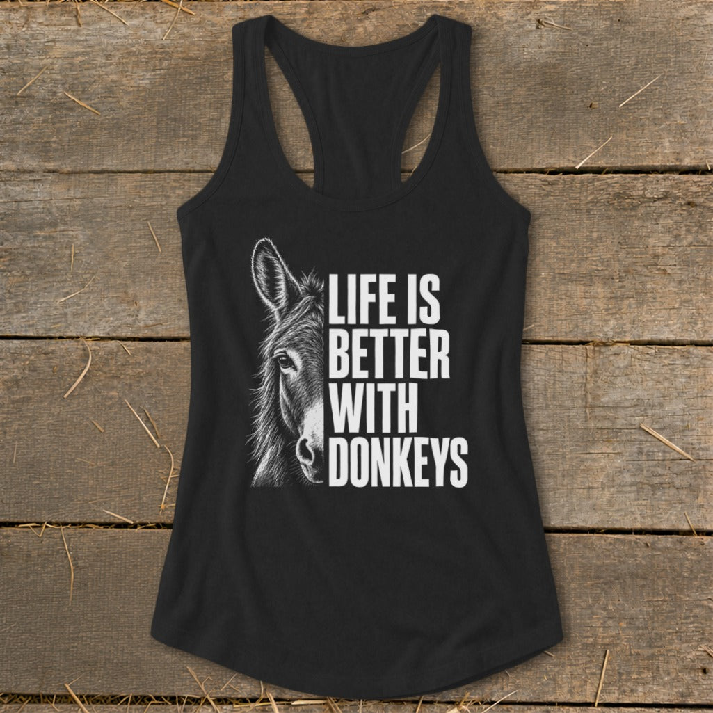 Black tank top with half donkey graphic and text "Life is Better With Donkeys".