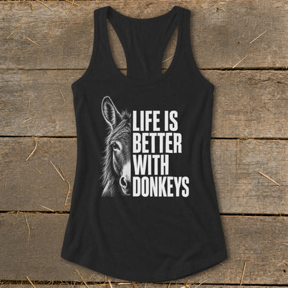 Black tank top with half donkey graphic and text "Life is Better With Donkeys".