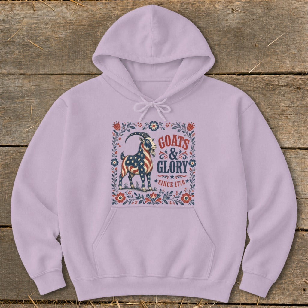 Light purple hoodie with a goat graphic and text "Goats & Glory Since 1776".
