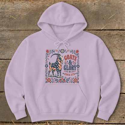 Light purple hoodie with a goat graphic and text "Goats & Glory Since 1776".