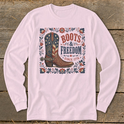 Long sleeve shirt with a patriotic boot graphic and the text "BOOTS & FREEDOM SINCE 1776".