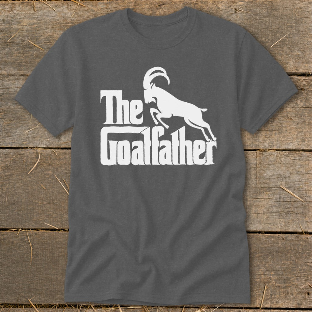 Dark gray t-shirt with white text and silhouette of a goat, "The Goatfather"