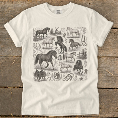 White t-shirt with vintage equestrian illustrations of horses and riding gear.