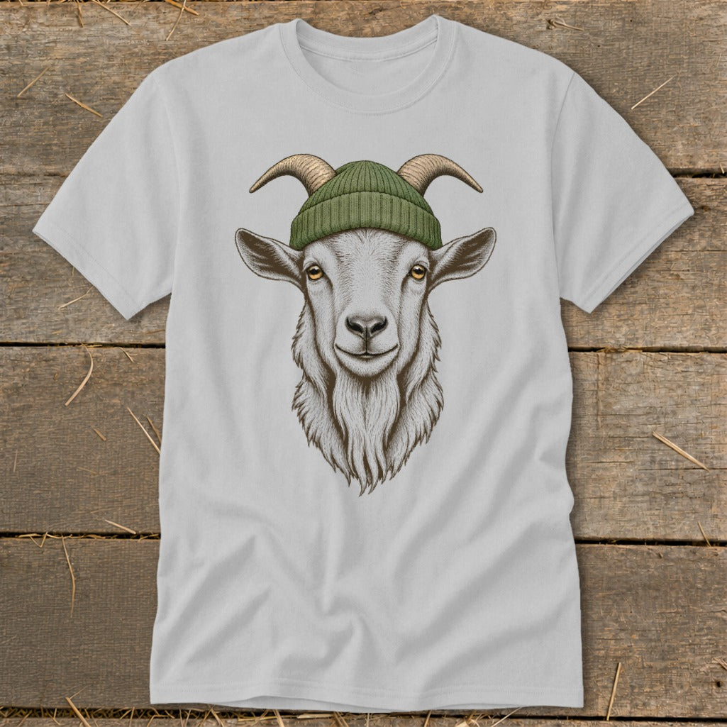 T-shirt with a drawing of a goat wearing a green beanie and looking forward.