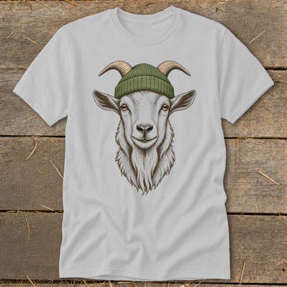 T-shirt with a drawing of a goat wearing a green beanie and looking forward.