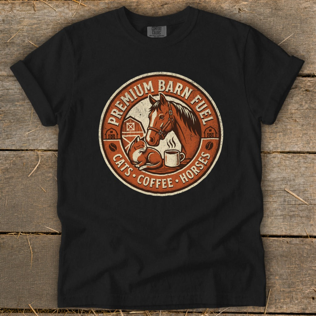 Black t-shirt with a circular graphic featuring a horse, cat, coffee cup, and barn.