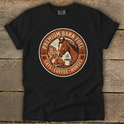 Black t-shirt with a circular graphic featuring a horse, cat, coffee cup, and barn.