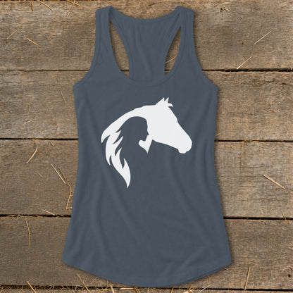 Dark grey racerback tank top with white silhouette of a woman and horse head.
