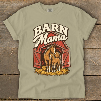 Barn Mama graphic with horses in a red barn on a tan t-shirt.
