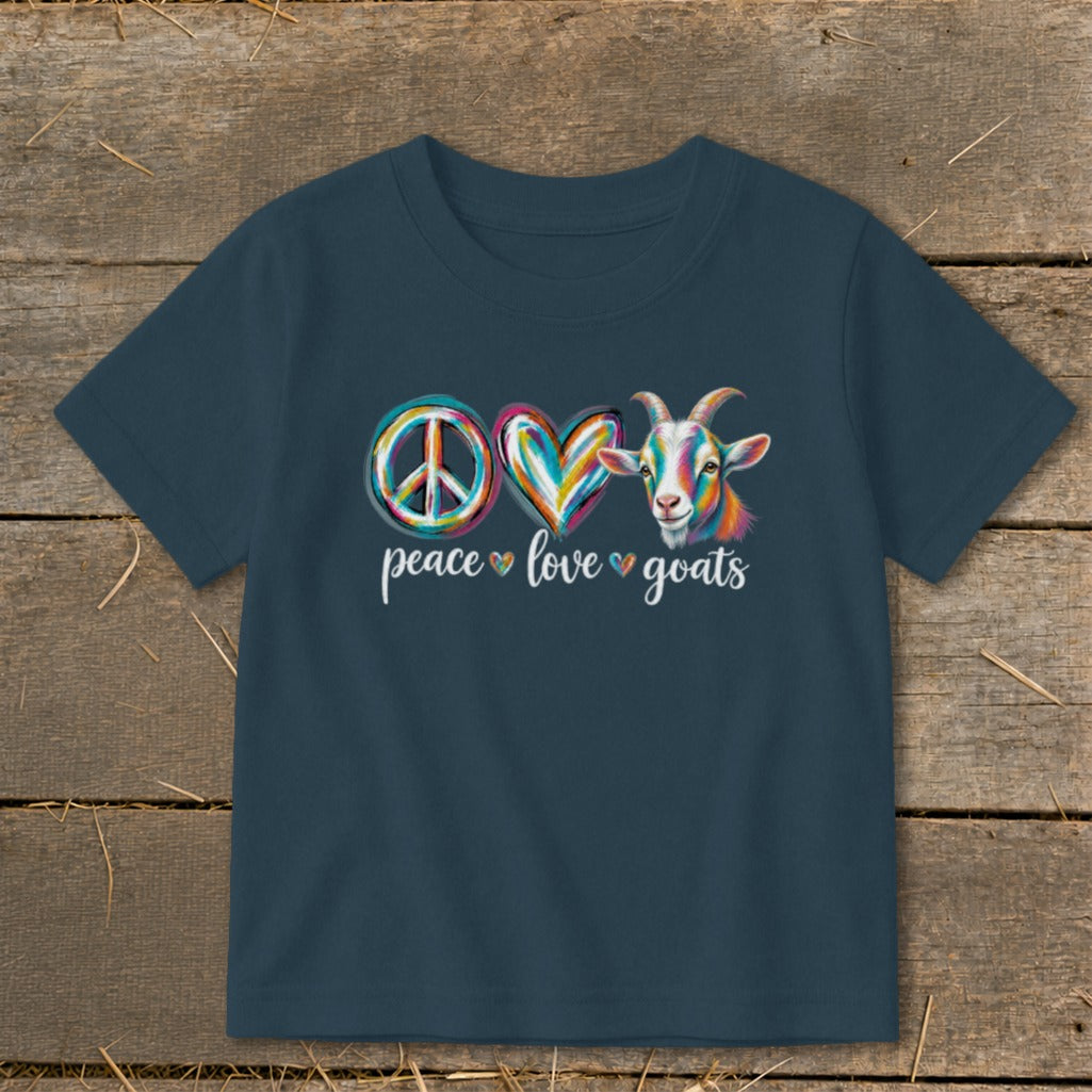 Peace, love, goats graphic with colorful peace sign, heart, and goat on navy t-shirt.
