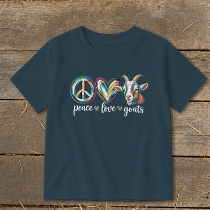 Peace, love, goats graphic with colorful peace sign, heart, and goat on navy t-shirt.