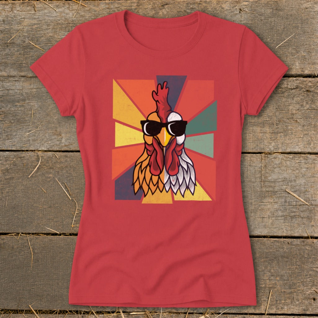 Red t-shirt with a cool rooster graphic wearing sunglasses on a retro background.