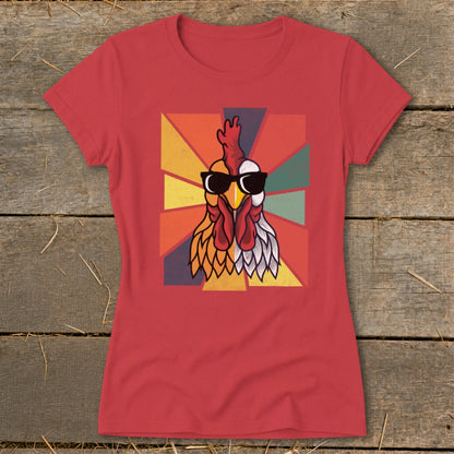 Red t-shirt with a cool rooster graphic wearing sunglasses on a retro background.