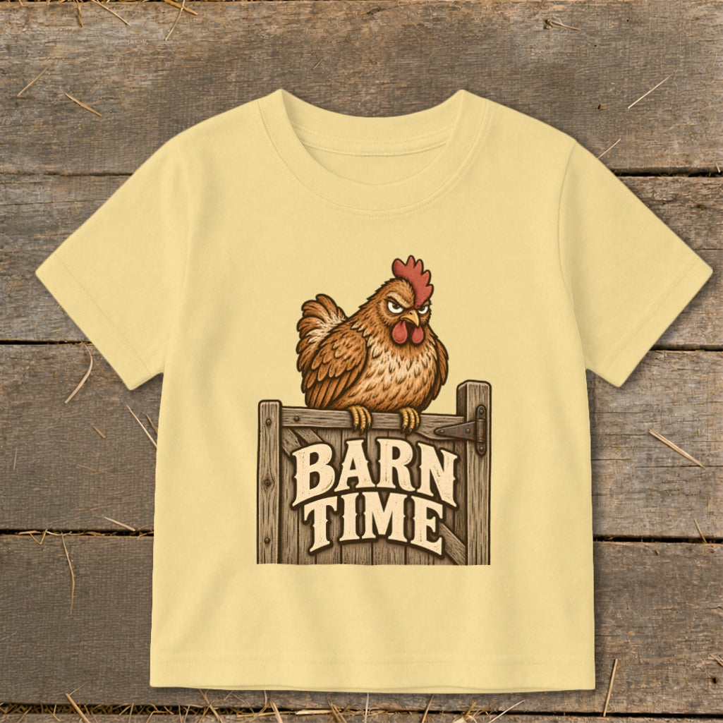 Brown cartoon chicken sits on a wooden gate with "Barn Time" text.