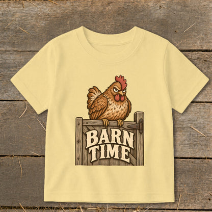 Brown cartoon chicken sits on a wooden gate with "Barn Time" text.