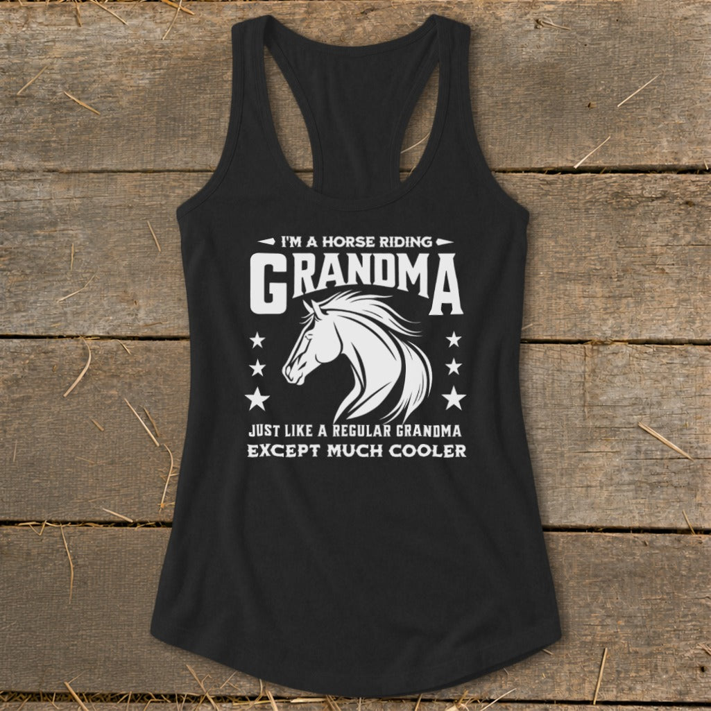 Black tank top with "Horse Riding Grandma" graphic and horse illustration.
