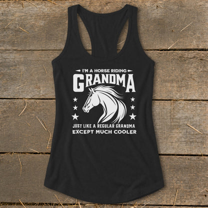 Black tank top with "Horse Riding Grandma" graphic and horse illustration.