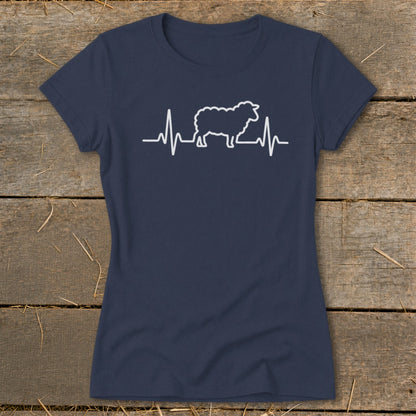 Dark blue crew neck t-shirt featuring a white graphic of a sheep integrated into a heartbeat line.