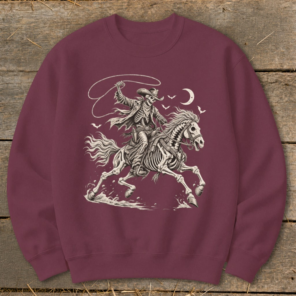 Skeleton cowboy riding a skeleton horse, holding a lasso under a crescent moon.