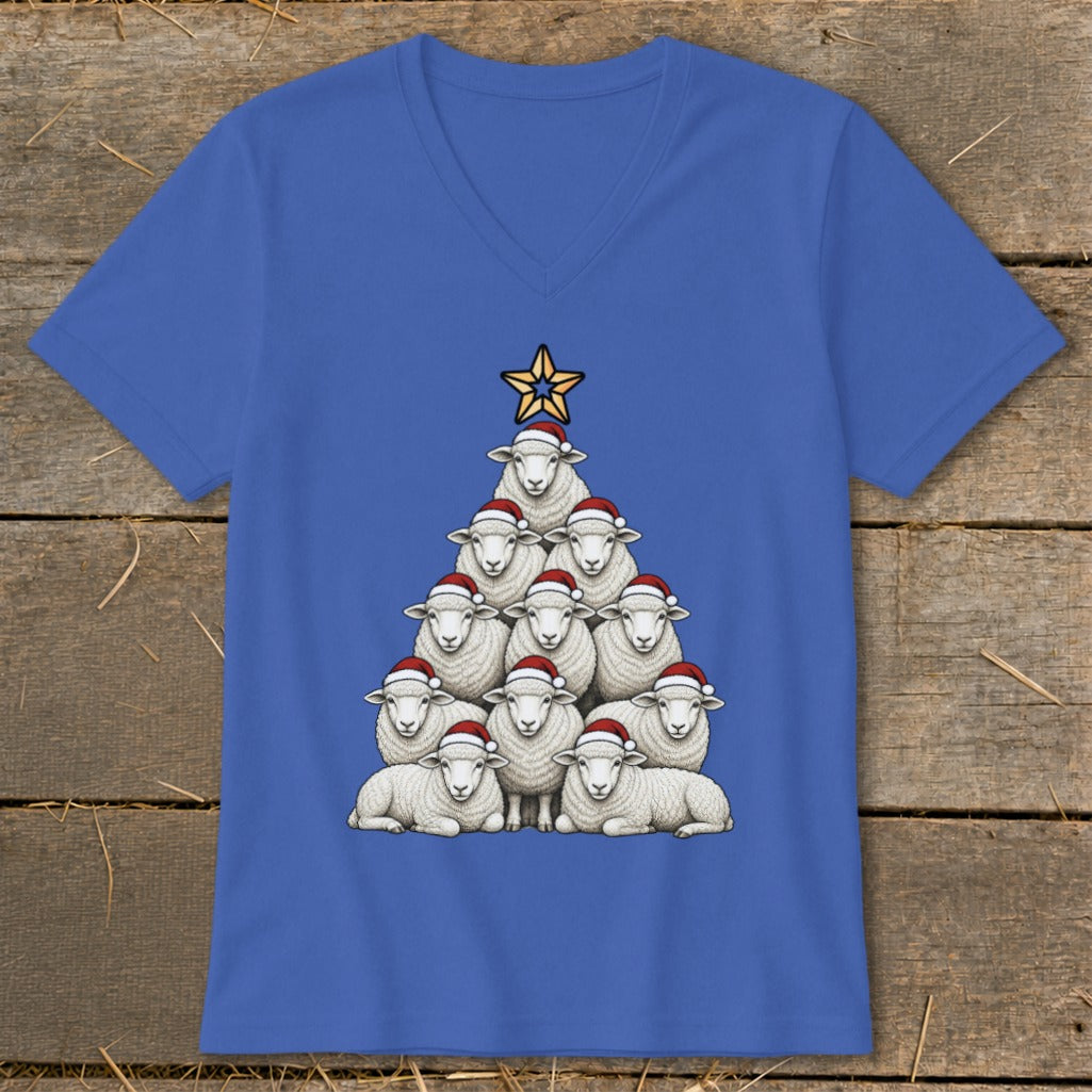 Sheep Christmas tree with Santa hats and star on a blue t-shirt.