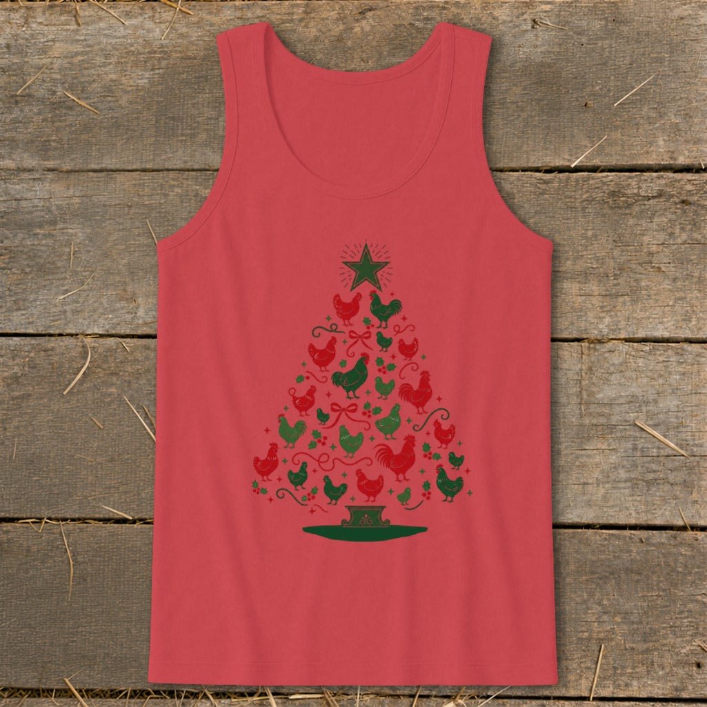 Red tank top with a Christmas tree design made of chickens and shamrocks.