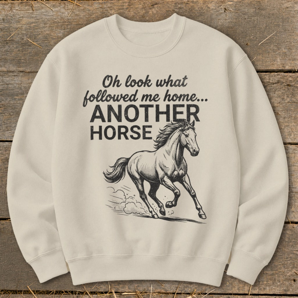 Cream sweatshirt with "Oh look what followed me home... ANOTHER HORSE" text and horse graphic.