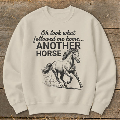 Cream sweatshirt with "Oh look what followed me home... ANOTHER HORSE" text and horse graphic.