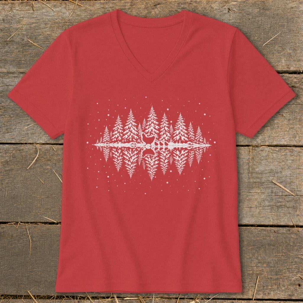 Red v-neck t-shirt with white graphic of trees, deer, and reflection.