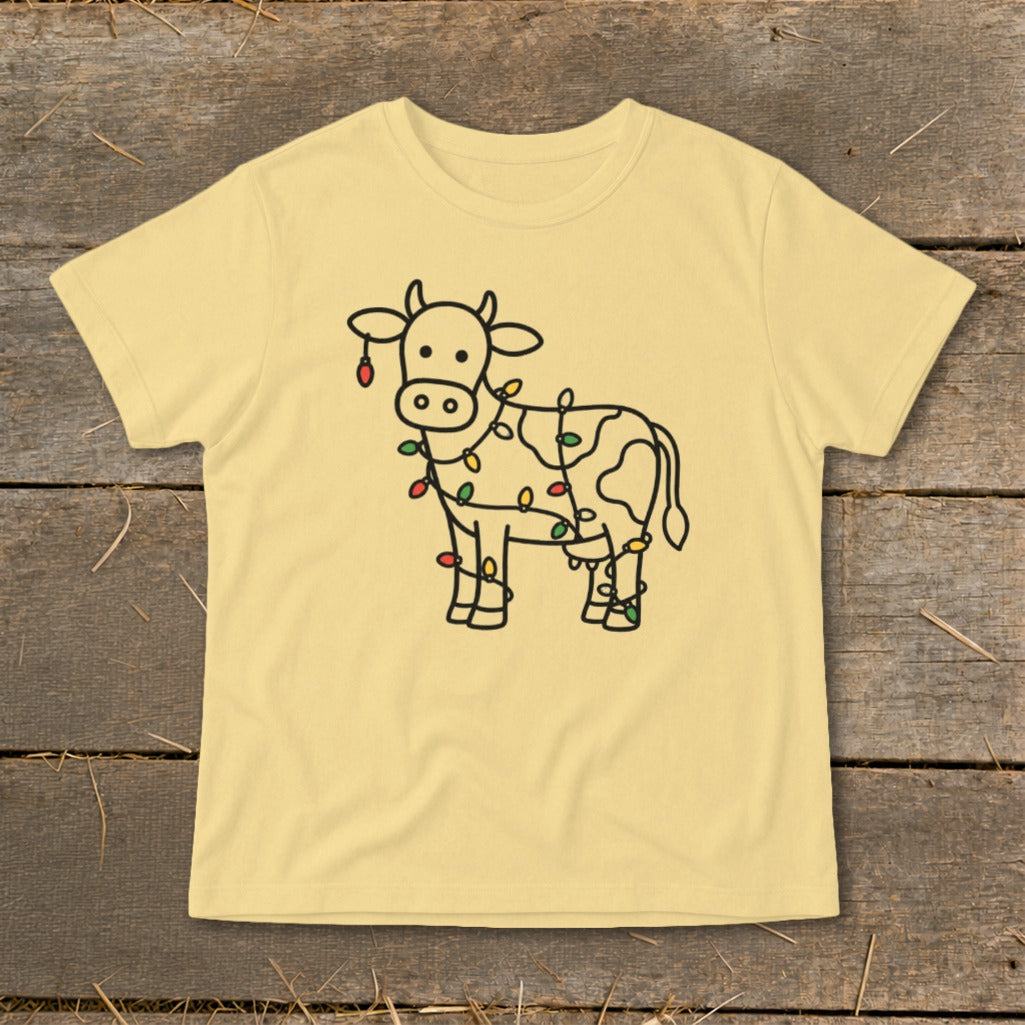 Yellow t-shirt with a line drawing of a cow decorated with colorful Christmas lights.