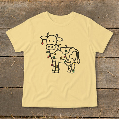 Yellow t-shirt with a line drawing of a cow decorated with colorful Christmas lights.