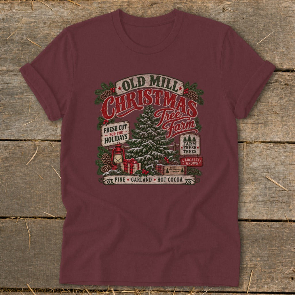 Old Mill Christmas Tree Farm design with pine, garland, and hot cocoa motifs.