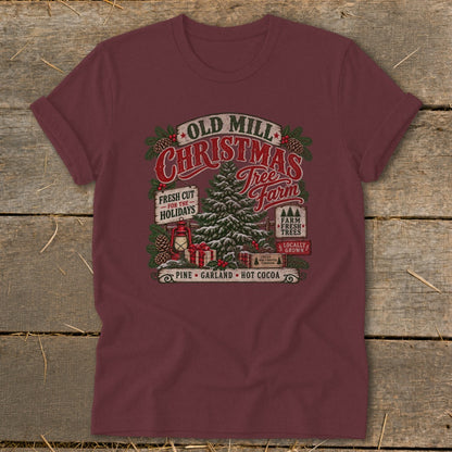 Old Mill Christmas Tree Farm design with pine, garland, and hot cocoa motifs.